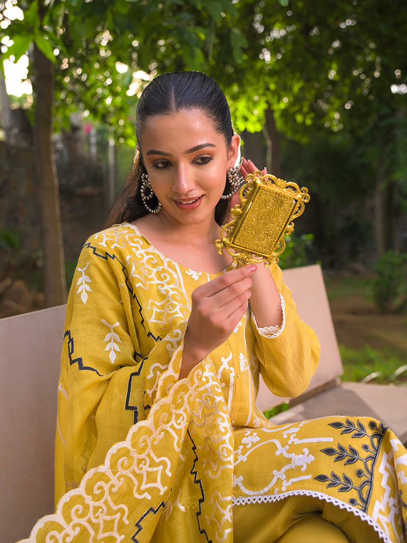 Navya Pure Mul Chanderi Embroidered Kurta Set with Dupatta - Sunset Mustard