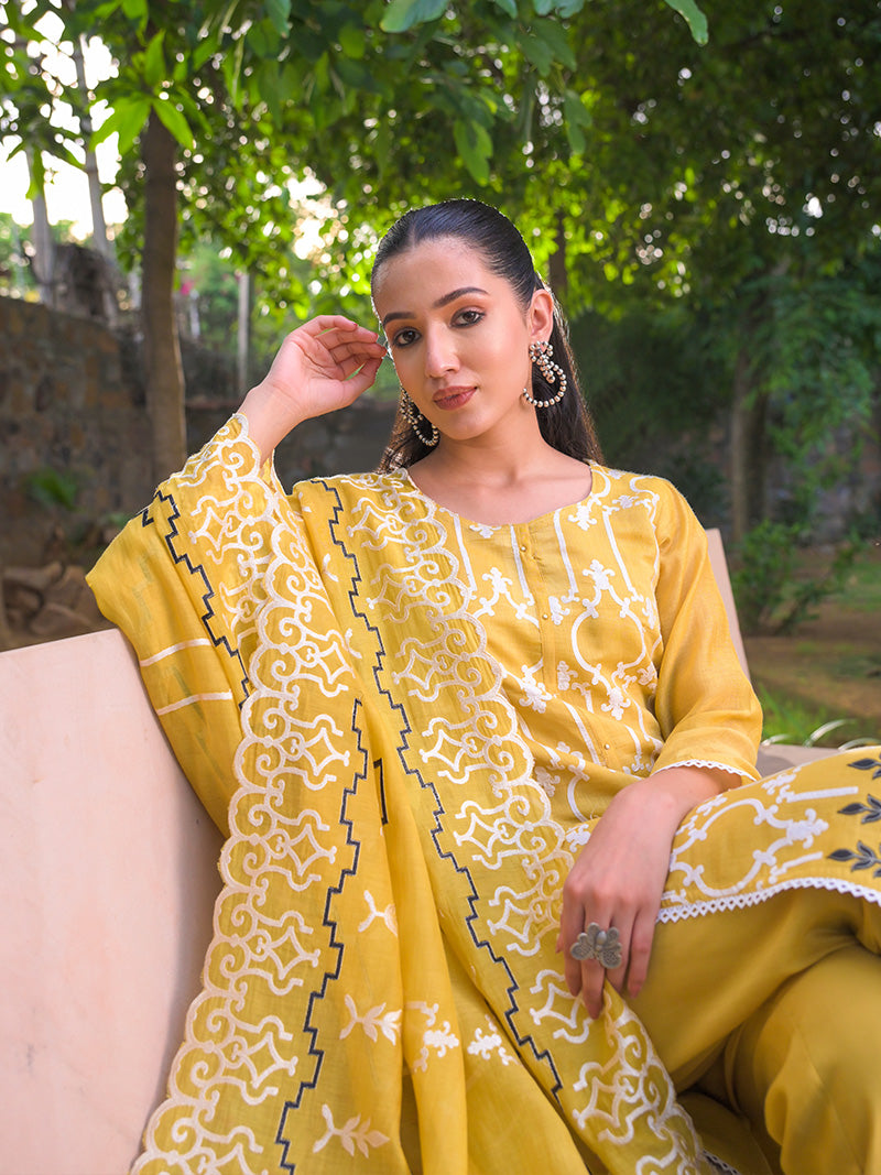 Navya Pure Mul Chanderi Embroidered Kurta Set with Dupatta - Sunset Mustard