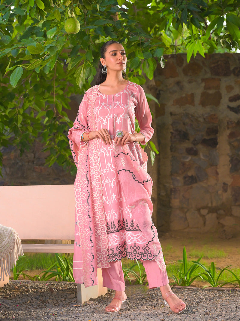Navya Pure Mul Chanderi Embroidered Kurta Set with Dupatta - Rose Pink