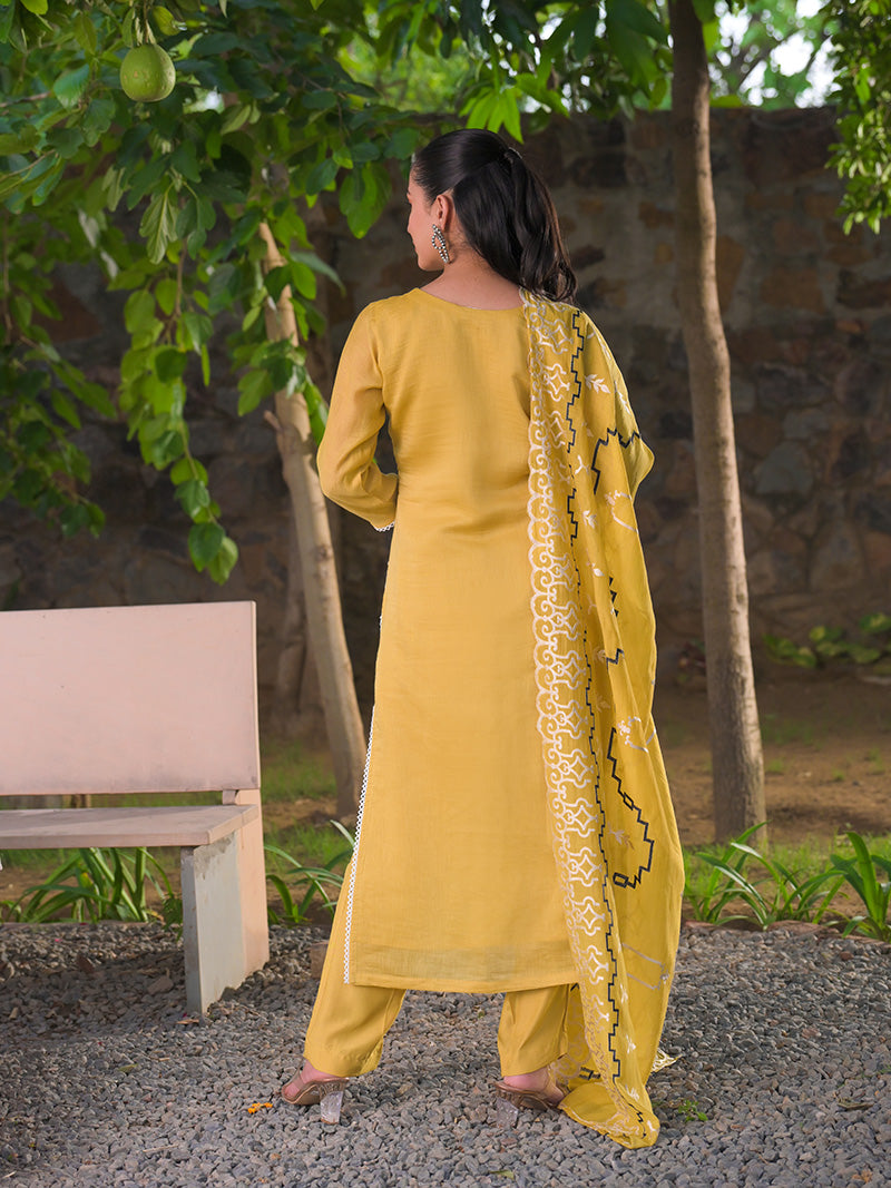 Navya Pure Mul Chanderi Embroidered Kurta Set with Dupatta - Sunset Mustard