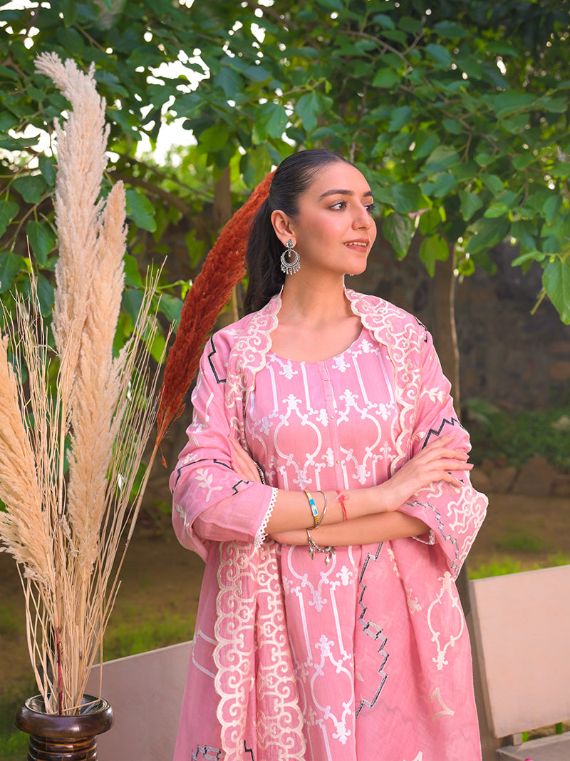 Navya Pure Mul Chanderi Embroidered Kurta Set with Dupatta - Rose Pink
