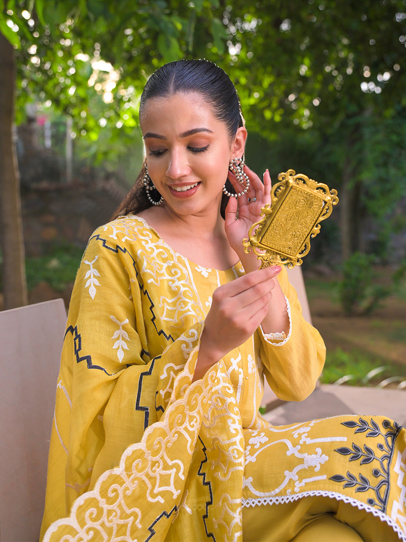 Navya Pure Mul Chanderi Embroidered Kurta Set with Dupatta - Sunset Mustard
