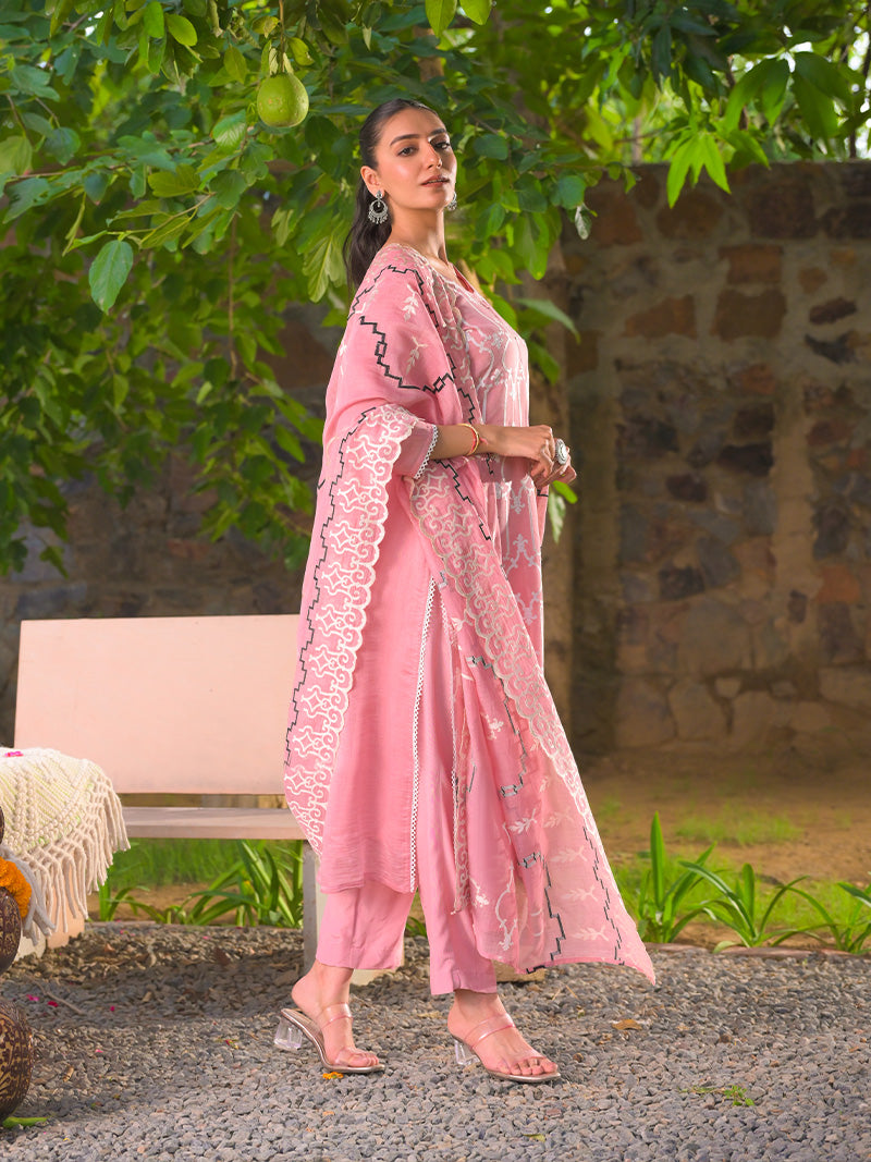 Navya Pure Mul Chanderi Embroidered Kurta Set with Dupatta - Rose Pink