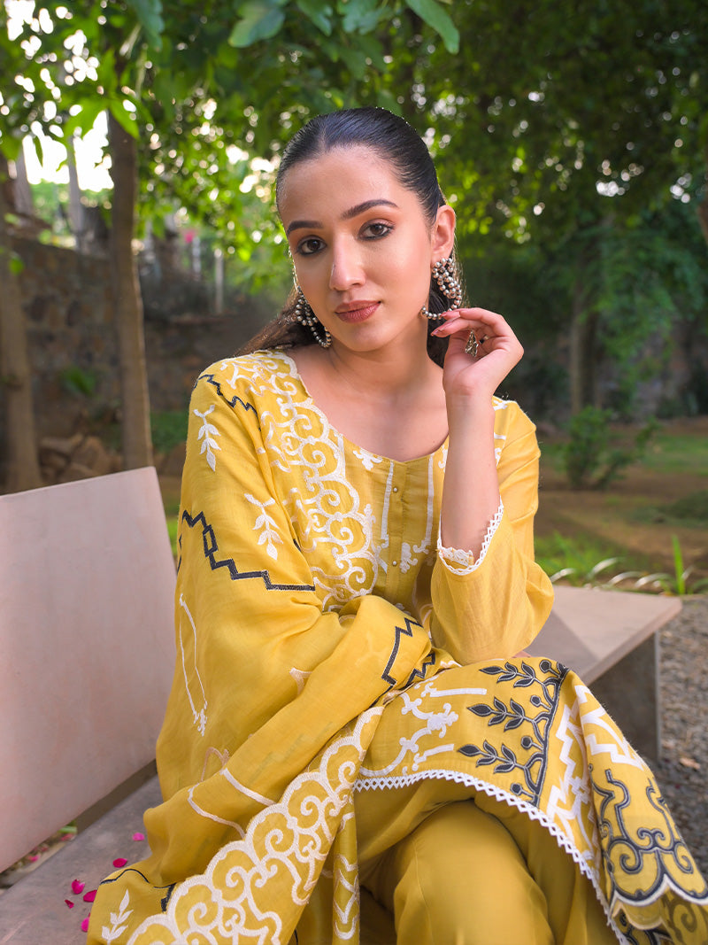 Navya Pure Mul Chanderi Embroidered Kurta Set with Dupatta - Sunset Mustard