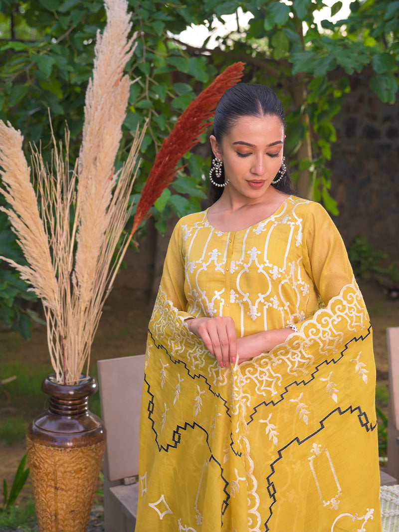 Navya Pure Mul Chanderi Embroidered Kurta Set with Dupatta - Sunset Mustard