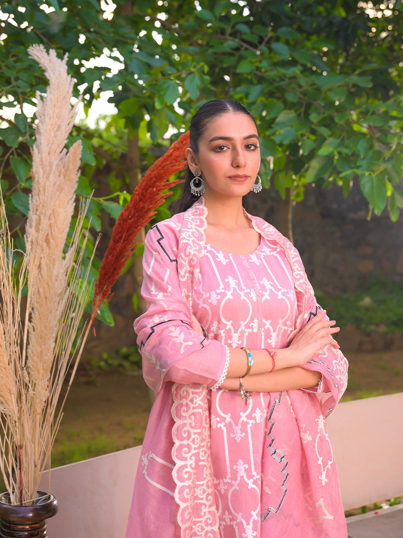 Navya Pure Mul Chanderi Embroidered Kurta Set with Dupatta - Rose Pink