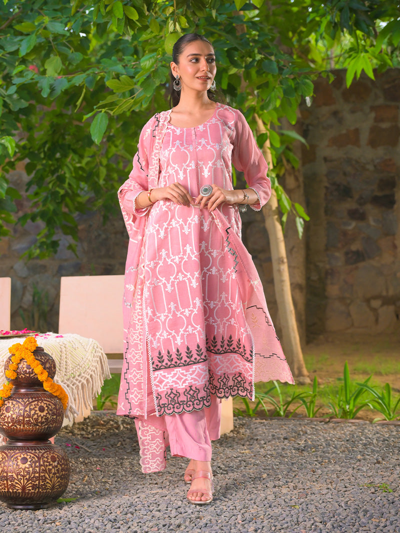 Navya Pure Mul Chanderi Embroidered Kurta Set with Dupatta - Rose Pink