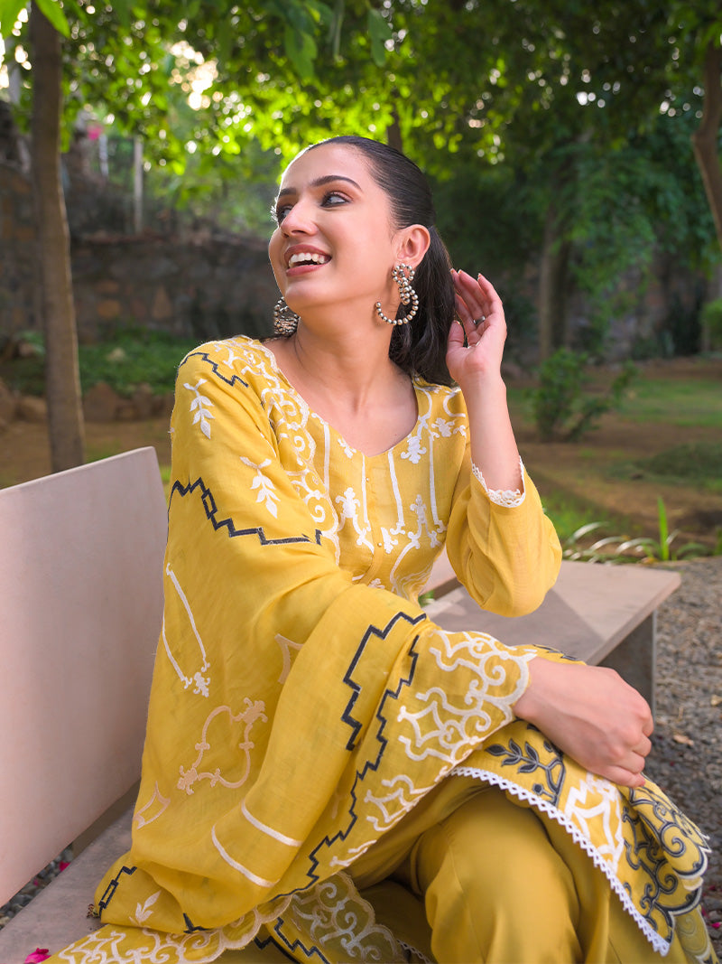 Navya Pure Mul Chanderi Embroidered Kurta Set with Dupatta - Sunset Mustard