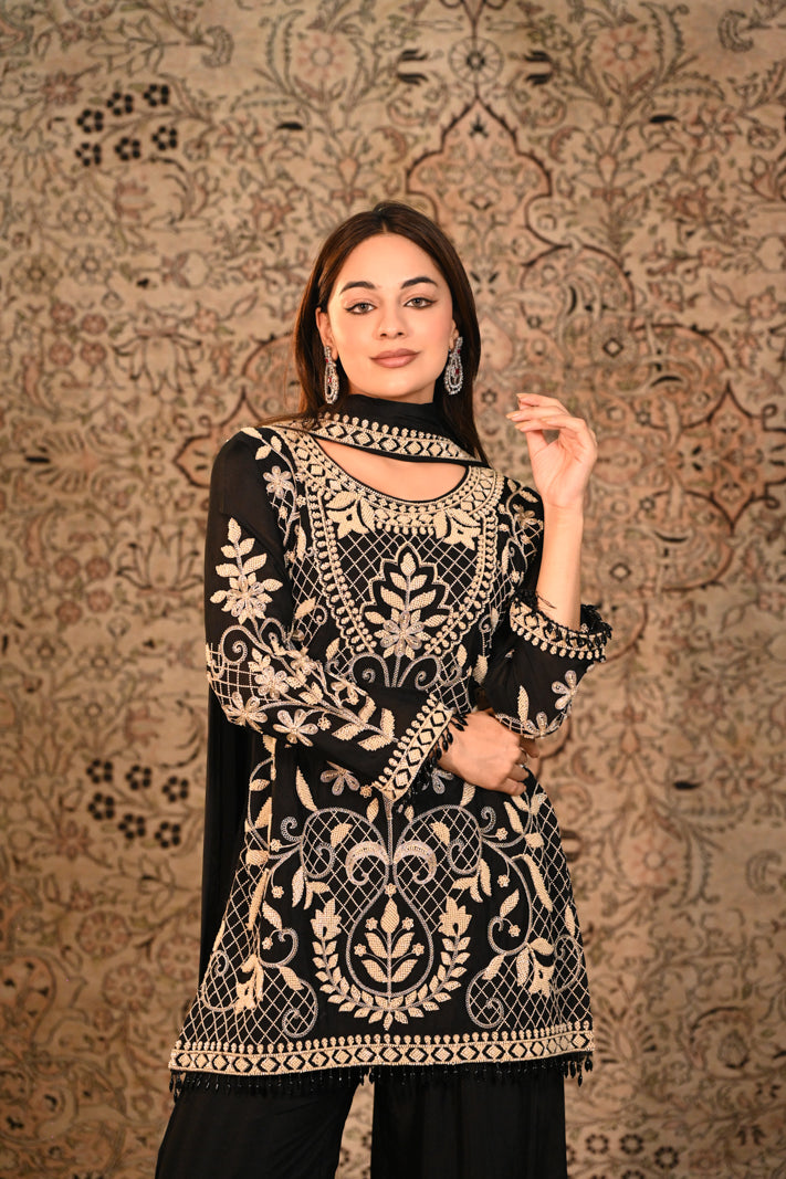 Midnight Elegance Embroidered Suit Set With Dupatta