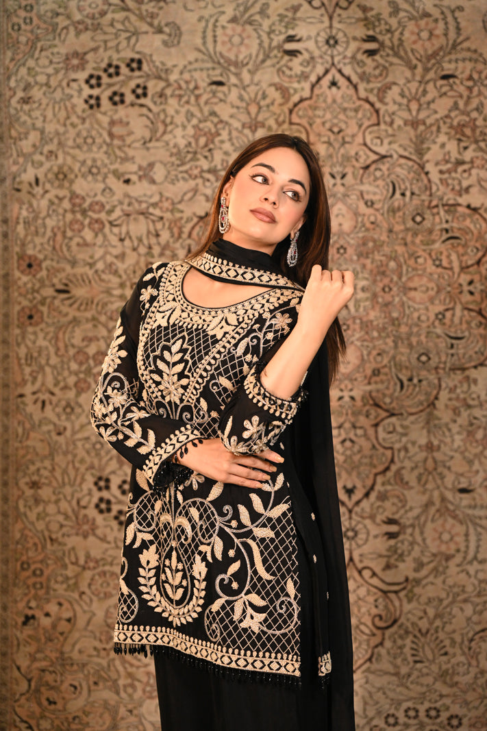 Midnight Elegance Embroidered Suit Set With Dupatta
