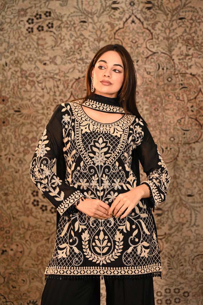 Midnight Elegance Embroidered Suit Set With Dupatta