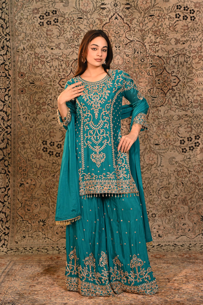Zarqa Teal Embroidered Short Suit Set