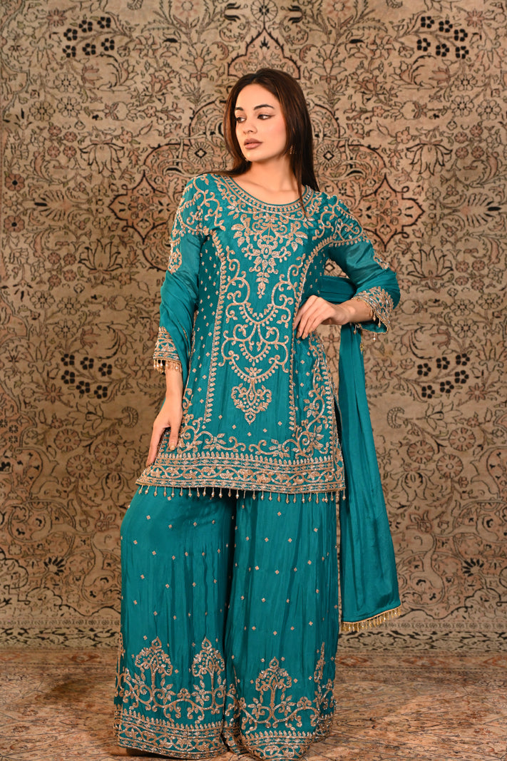 Zarqa Teal Embroidered Short Suit Set