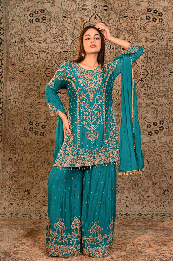 Zarqa Teal Embroidered Short Suit Set