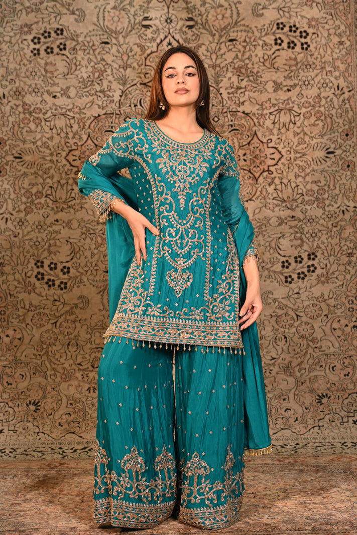 Zarqa Teal Embroidered Short Suit Set