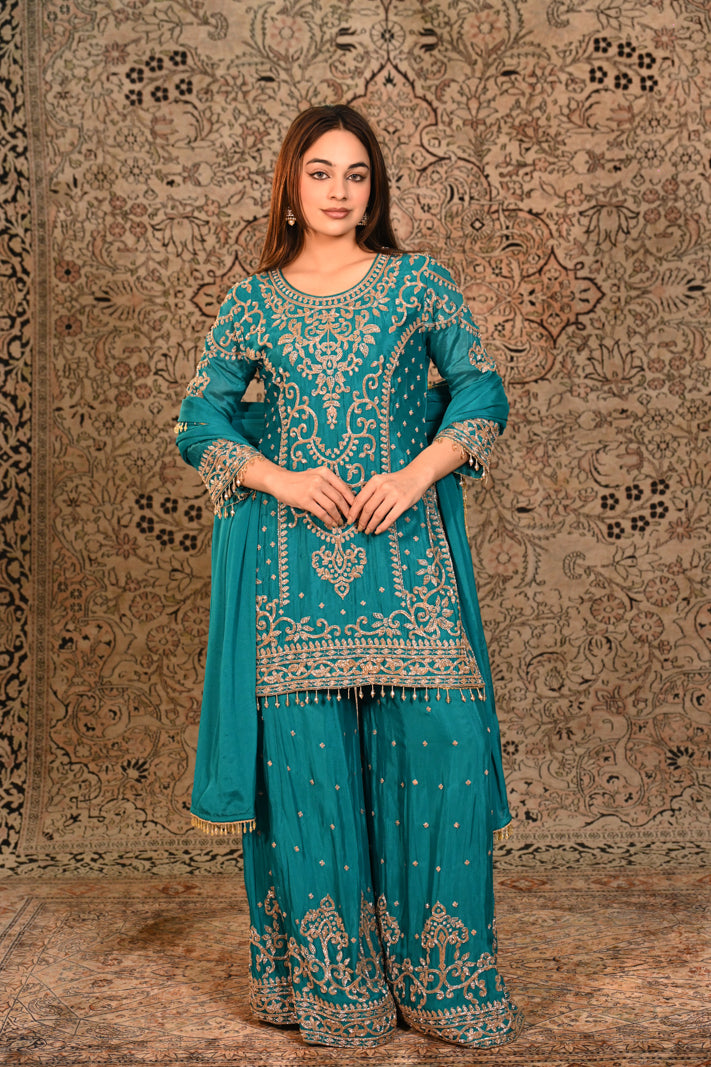 Zarqa Teal Embroidered Short Suit Set