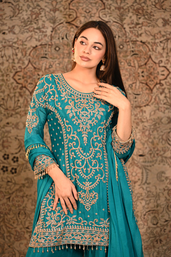 Zarqa Teal Embroidered Short Suit Set
