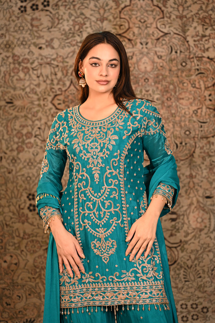 Zarqa Teal Embroidered Short Suit Set