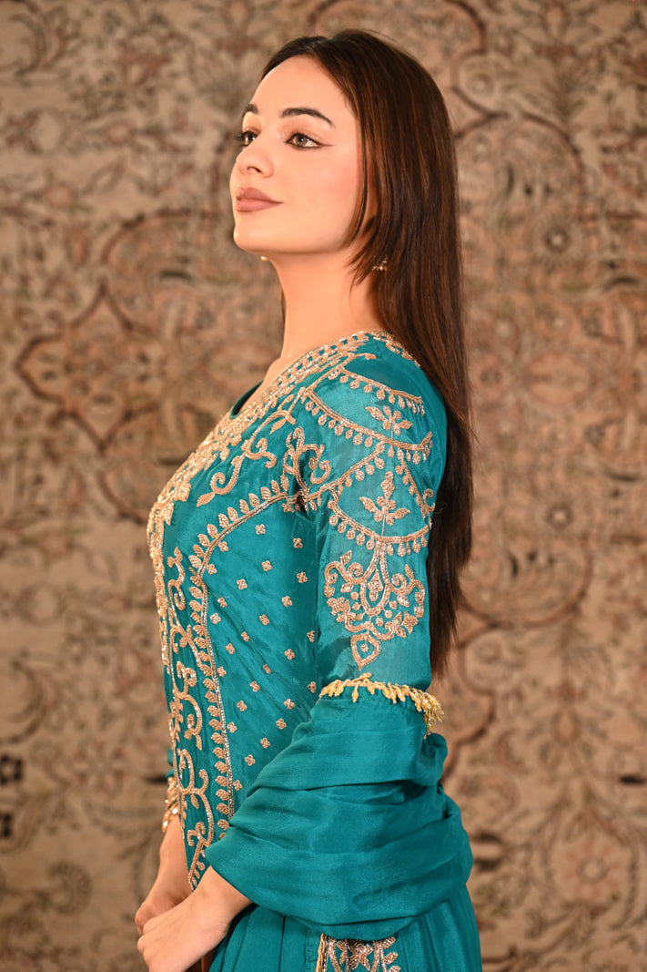 Zarqa Teal Embroidered Short Suit Set