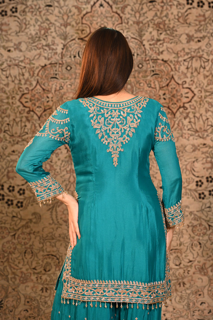 Zarqa Teal Embroidered Short Suit Set