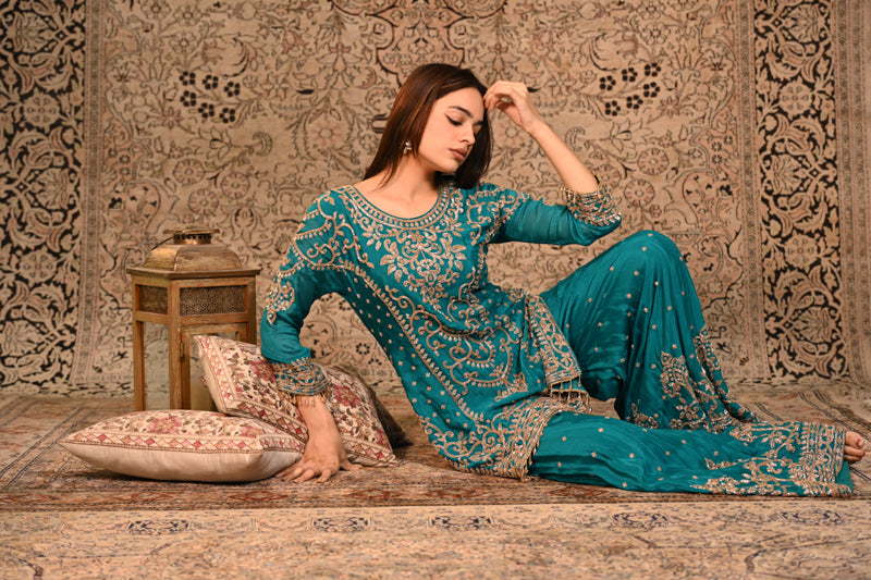 Zarqa Teal Embroidered Short Suit Set
