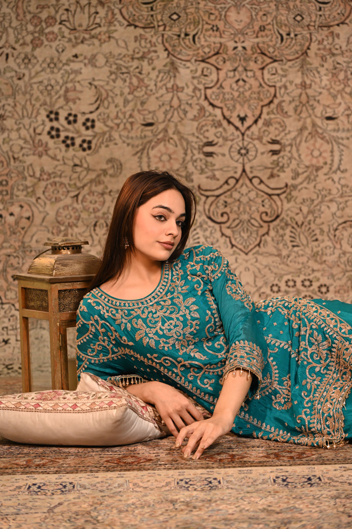 Zarqa Teal Embroidered Short Suit Set