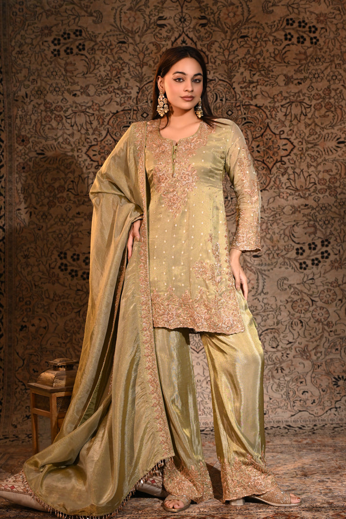 Olive Gold Tissue Silk Embroidered Kurta and Palazzo with Dupatta