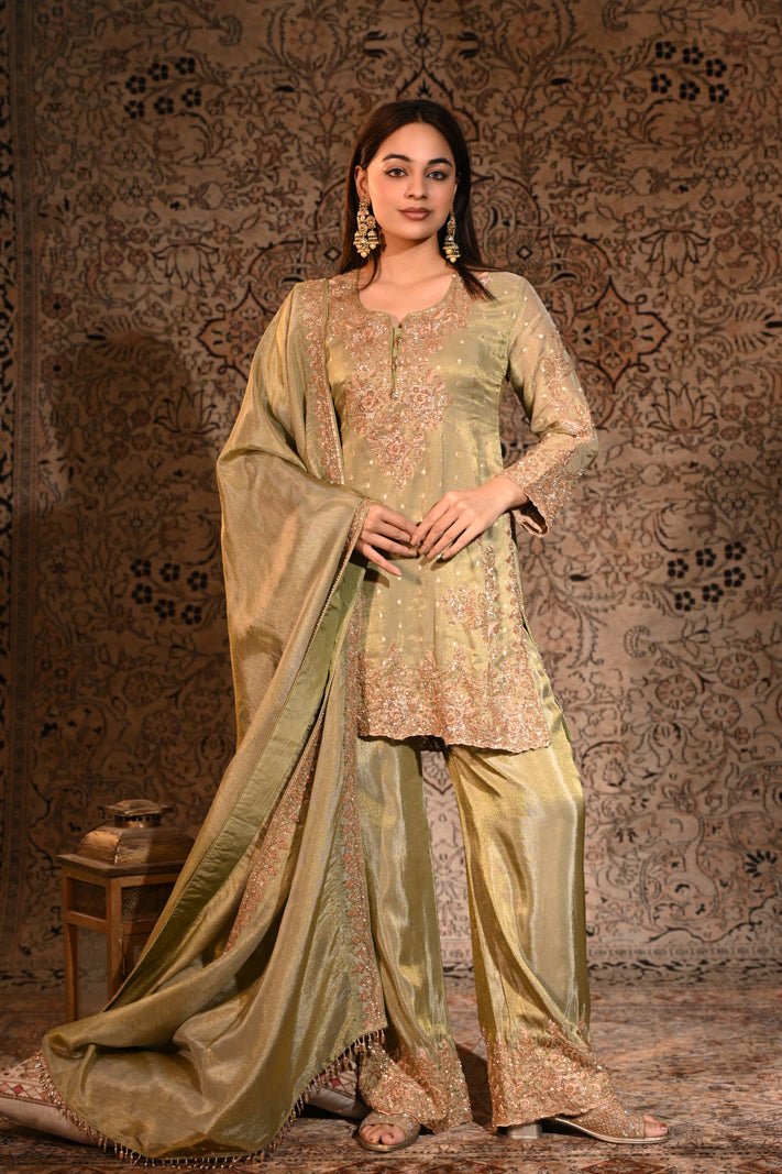 Olive Gold Tissue Silk Embroidered Kurta and Palazzo with Dupatta