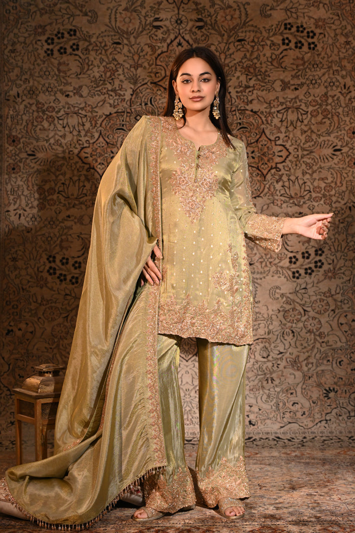 Olive Gold Tissue Silk Embroidered Kurta and Palazzo with Dupatta