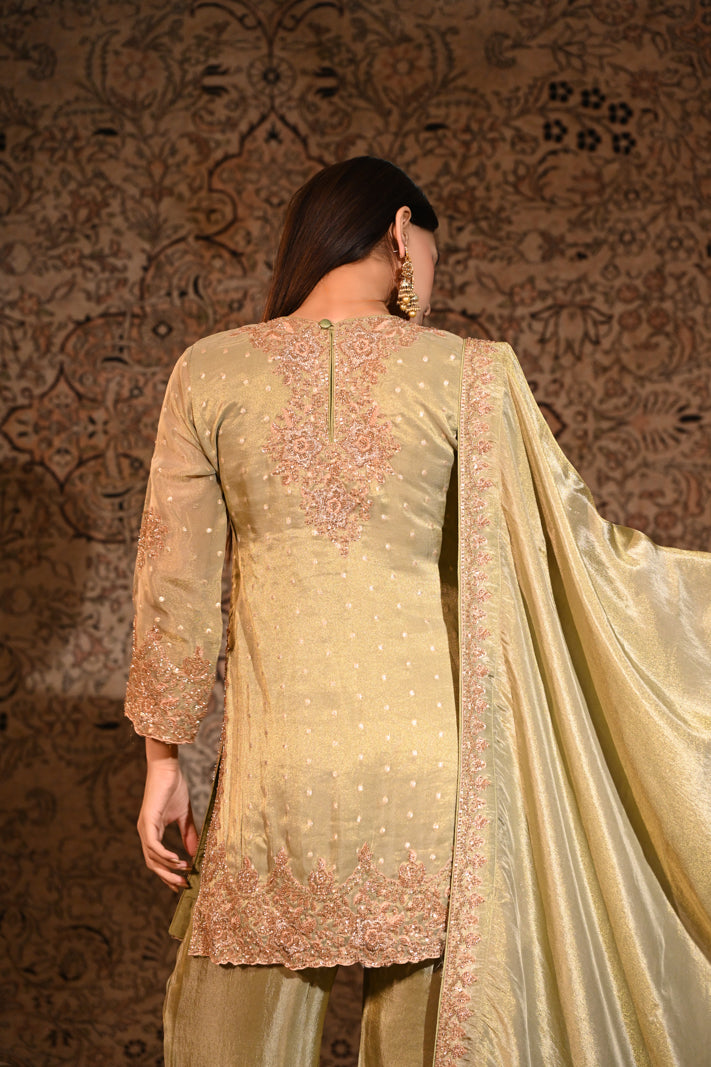 Olive Gold Tissue Silk Embroidered Kurta and Palazzo with Dupatta