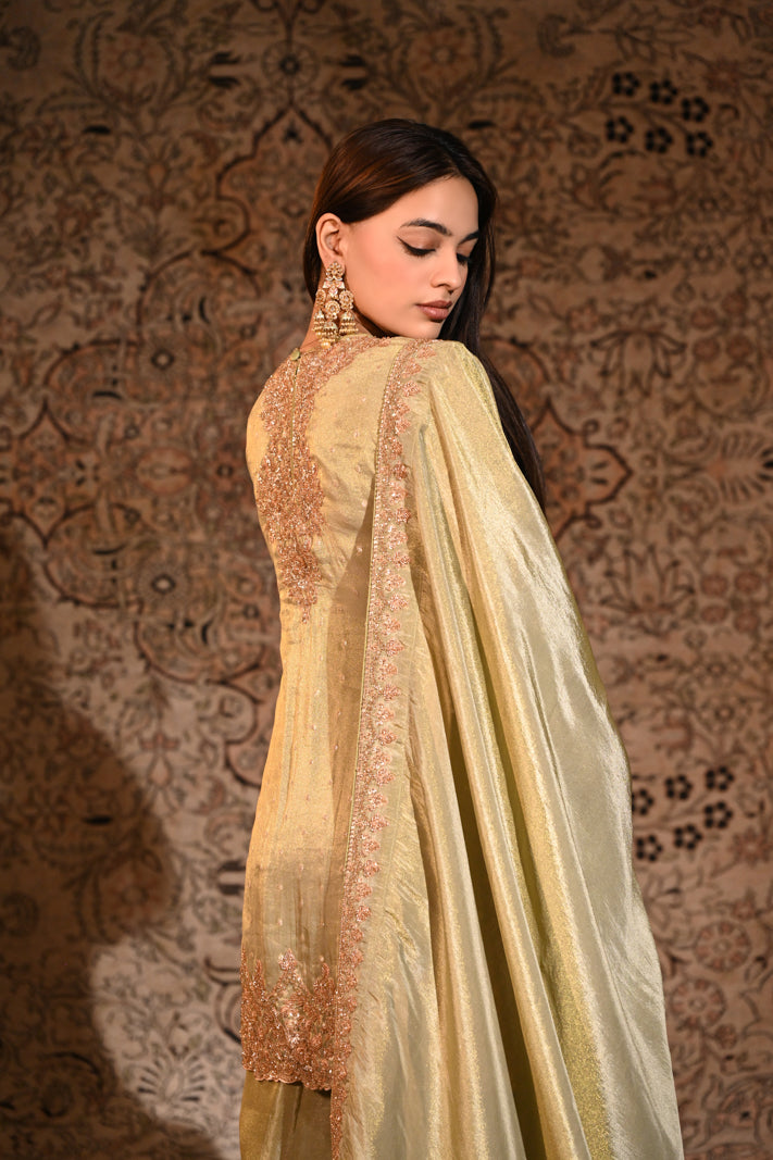 Olive Gold Tissue Silk Embroidered Kurta and Palazzo with Dupatta