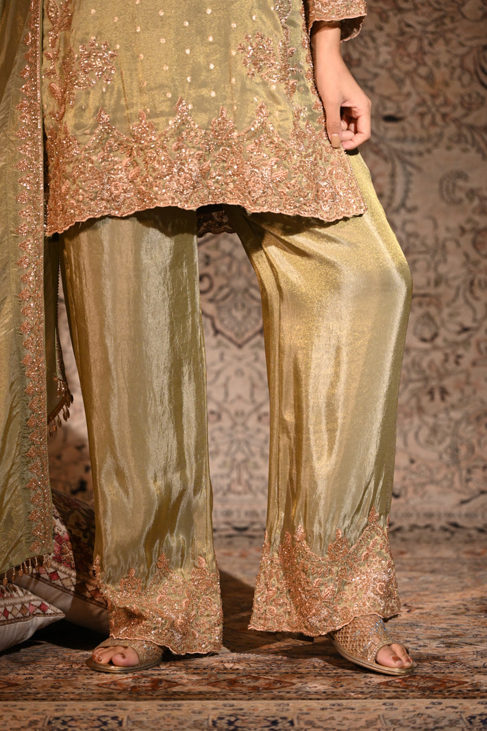 Olive Gold Tissue Silk Embroidered Kurta and Palazzo with Dupatta