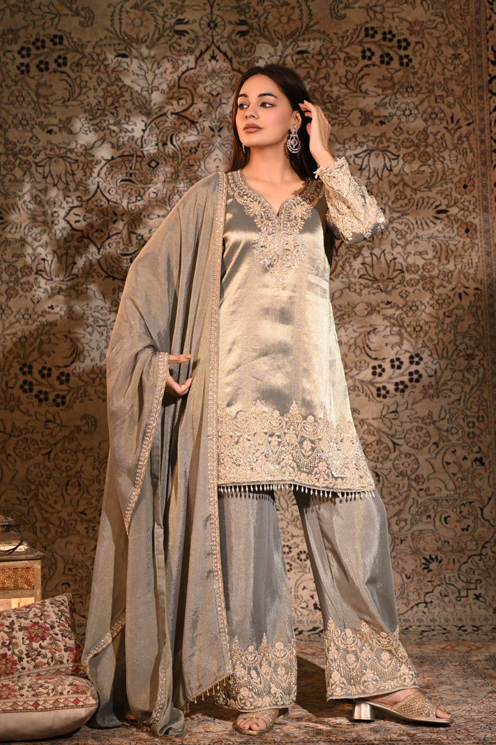 The Inayat Metallic Silver Tissue Silk Embroidered Kurta & Palazzo Set with Dupatta