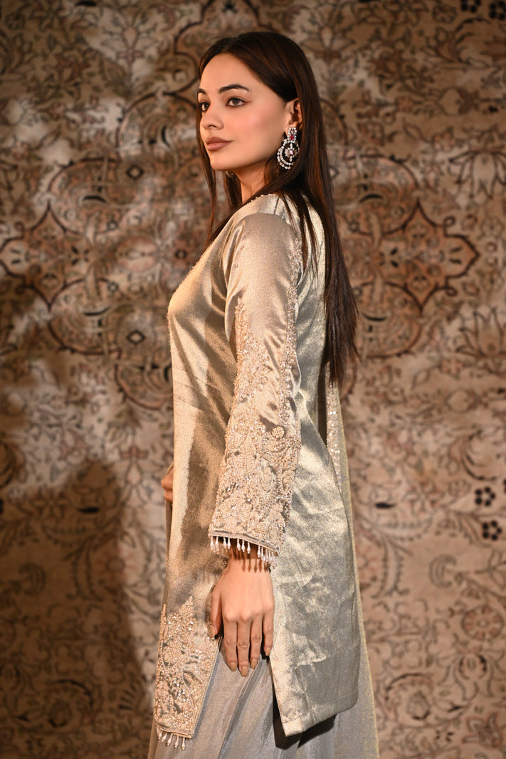 The Inayat Metallic Silver Tissue Silk Embroidered Kurta & Palazzo Set with Dupatta