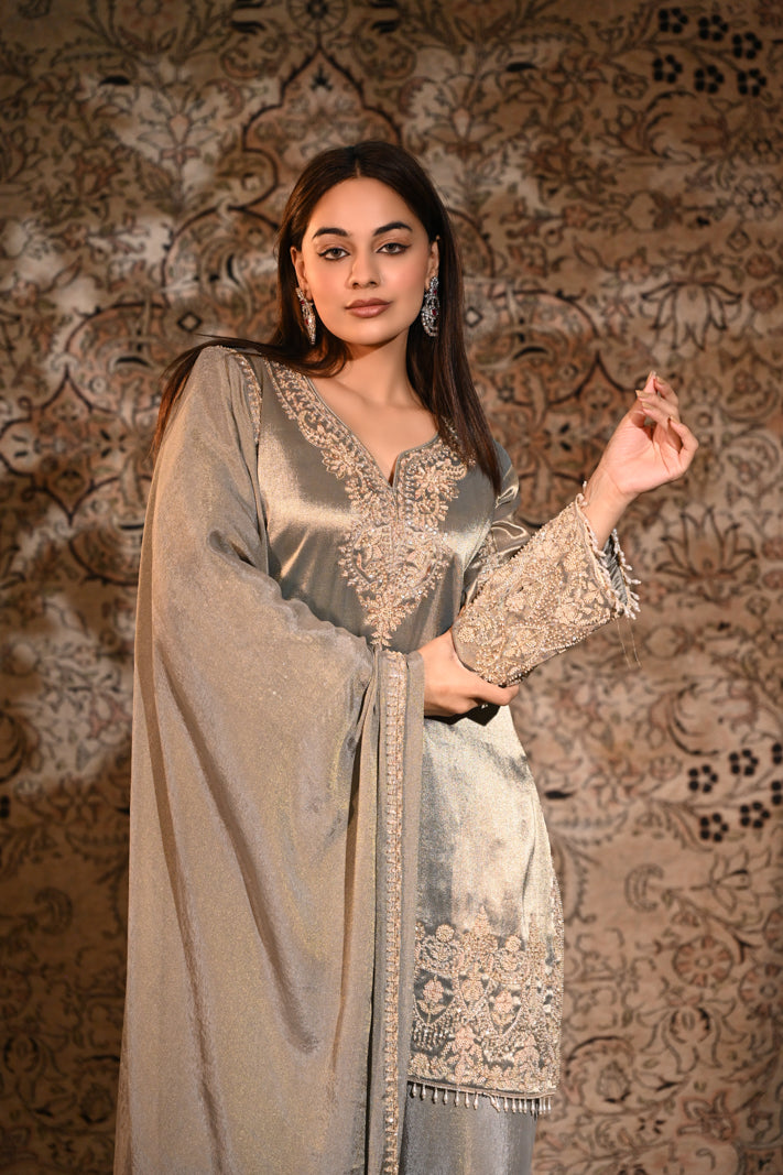 The Inayat Metallic Silver Tissue Silk Embroidered Kurta & Palazzo Set with Dupatta