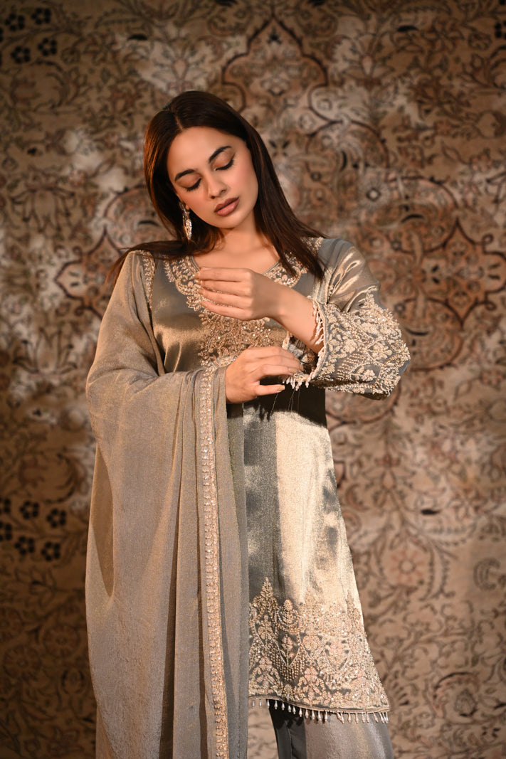 The Inayat Metallic Silver Tissue Silk Embroidered Kurta & Palazzo Set with Dupatta