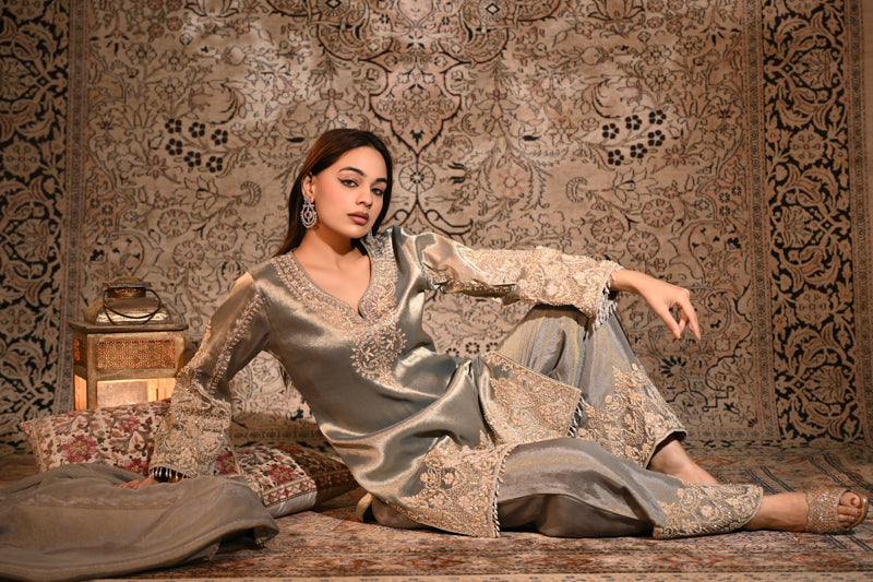 The Inayat Metallic Silver Tissue Silk Embroidered Kurta & Palazzo Set with Dupatta