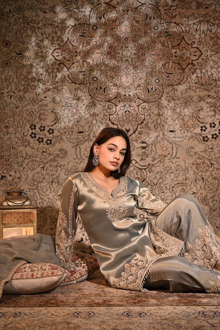 The Inayat Metallic Silver Tissue Silk Embroidered Kurta & Palazzo Set with Dupatta