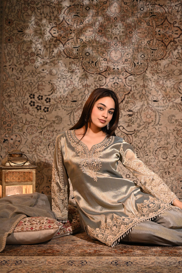 The Inayat Metallic Silver Tissue Silk Embroidered Kurta & Palazzo Set with Dupatta