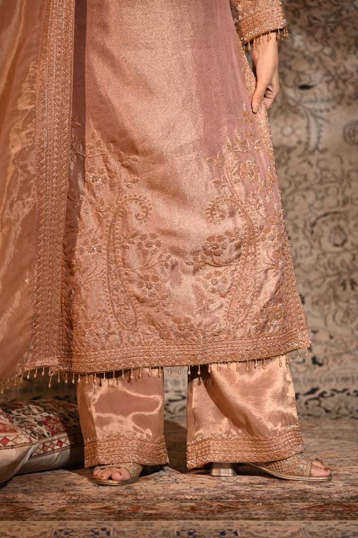 The Zoya Metallic Rose-Gold Tissue Silk Embroidered Kurta & Palazzo Set with Dupatta
