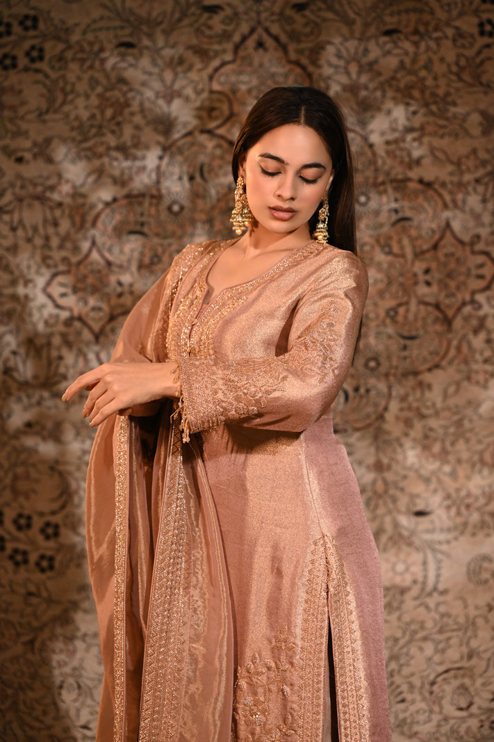 The Zoya Metallic Rose-Gold Tissue Silk Embroidered Kurta & Palazzo Set with Dupatta