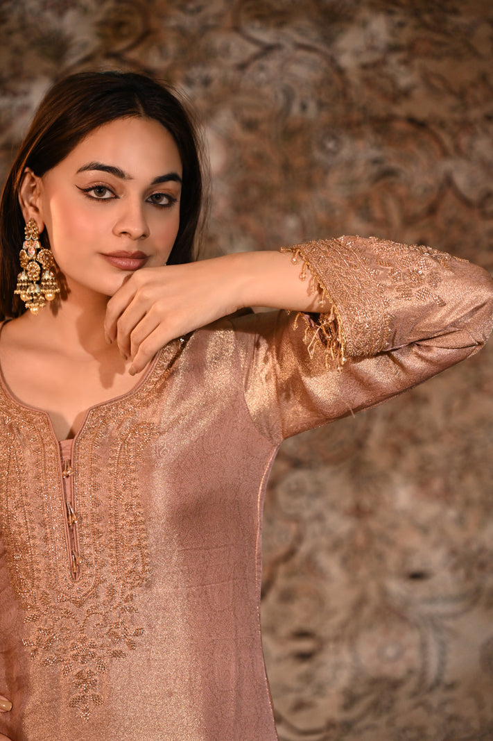 The Zoya Metallic Rose-Gold Tissue Silk Embroidered Kurta & Palazzo Set with Dupatta