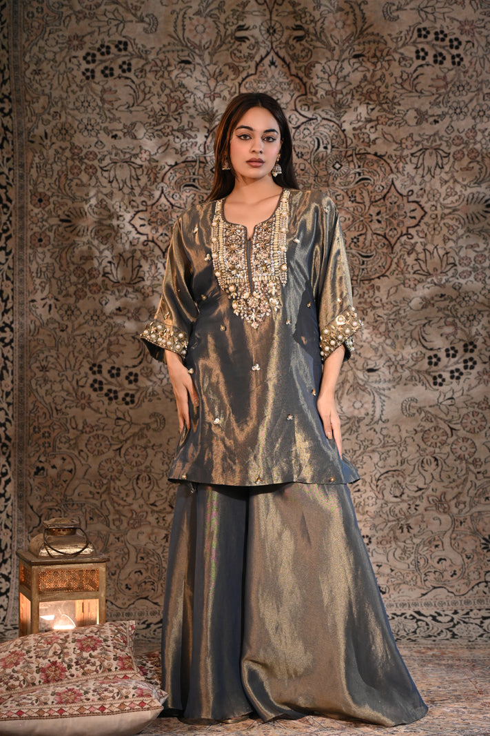 The Afreen Metallic Slate & Gold Tissue Silk Embroidered Kurta & Sharara Set