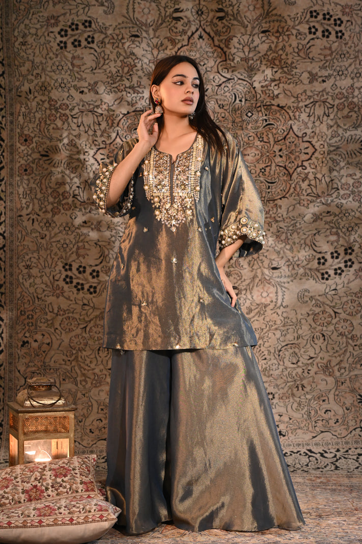 The Afreen Metallic Slate & Gold Tissue Silk Embroidered Kurta & Sharara Set