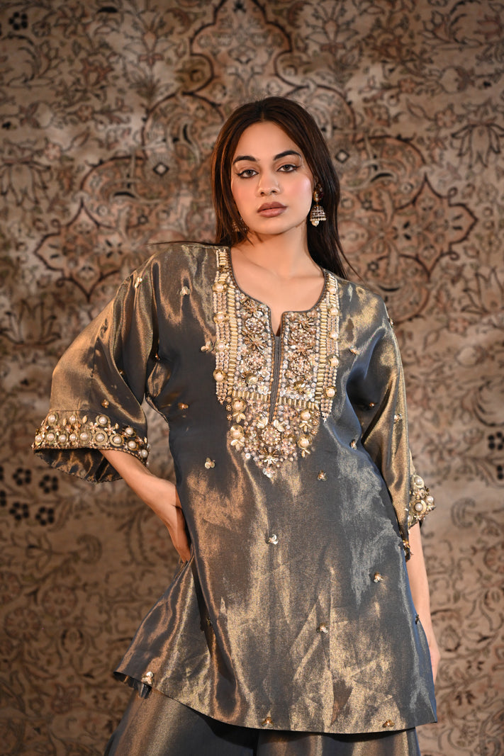 The Afreen Metallic Slate & Gold Tissue Silk Embroidered Kurta & Sharara Set