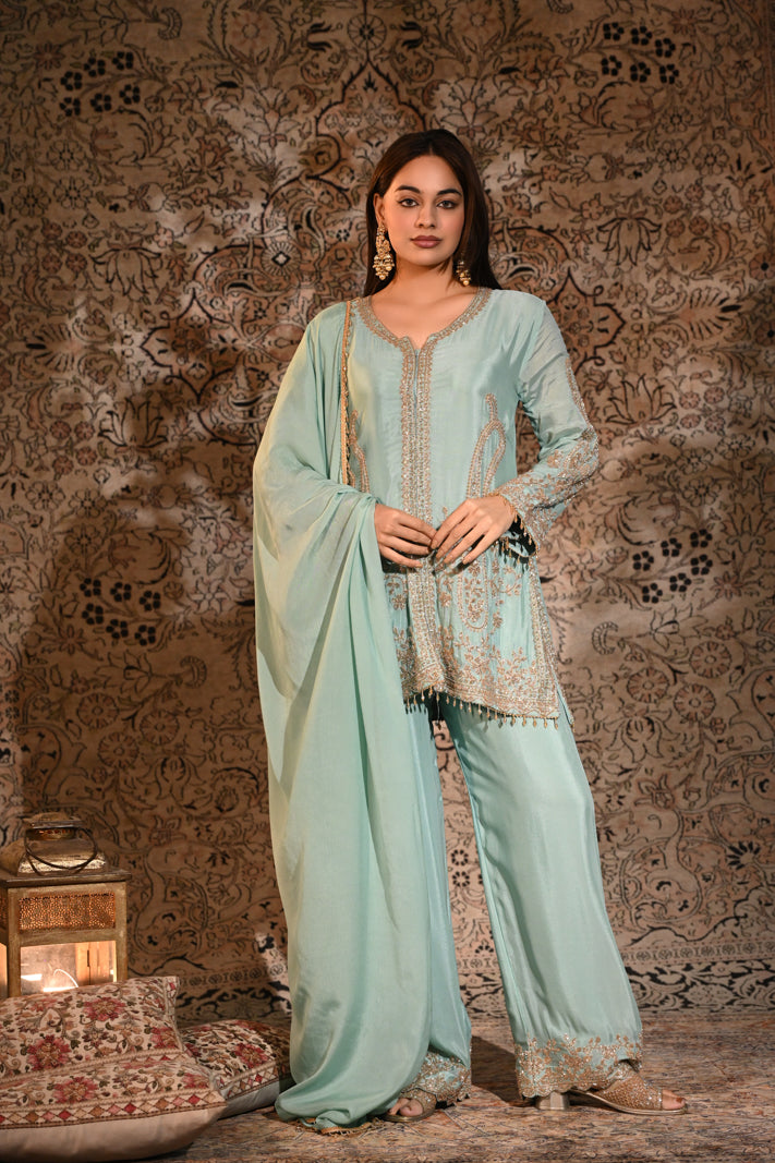The Aayat Pastel Sea-Green Short Kurta & Palazzo Set with Dupatta