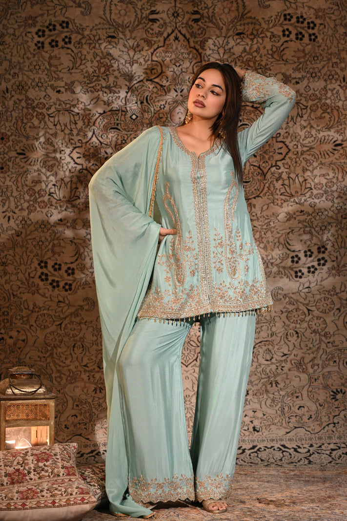 The Aayat Pastel Sea-Green Short Kurta & Palazzo Set with Dupatta