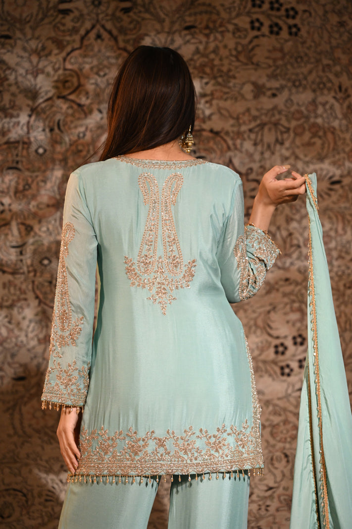 The Aayat Pastel Sea-Green Short Kurta & Palazzo Set with Dupatta