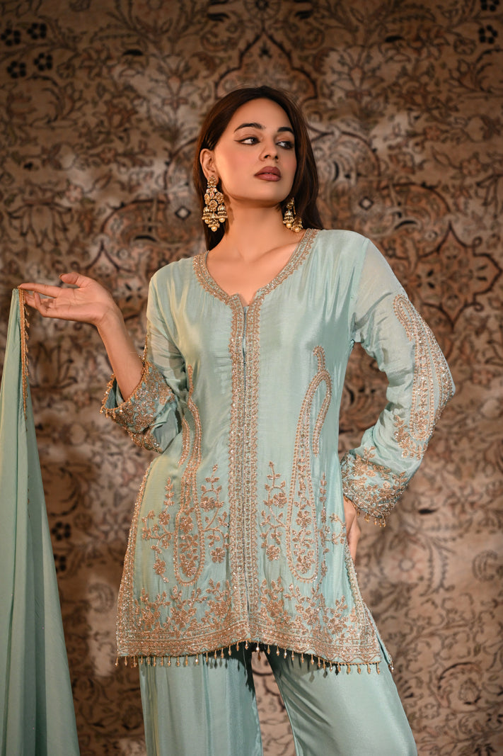 The Aayat Pastel Sea-Green Short Kurta & Palazzo Set with Dupatta