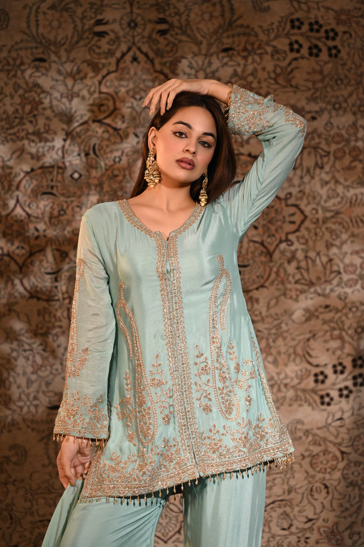 The Aayat Pastel Sea-Green Short Kurta & Palazzo Set with Dupatta